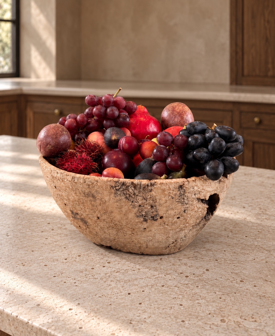 Everyday household management: a rustic bowl of figs, grapes and pomegranates on a stone kitchen counter